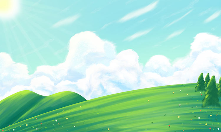 手绘夏日蓝天白云草地插画海报背景