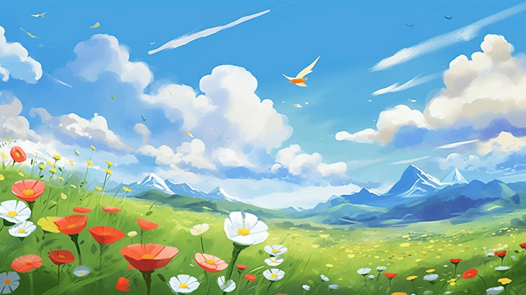 夏天蓝天白云花草背景